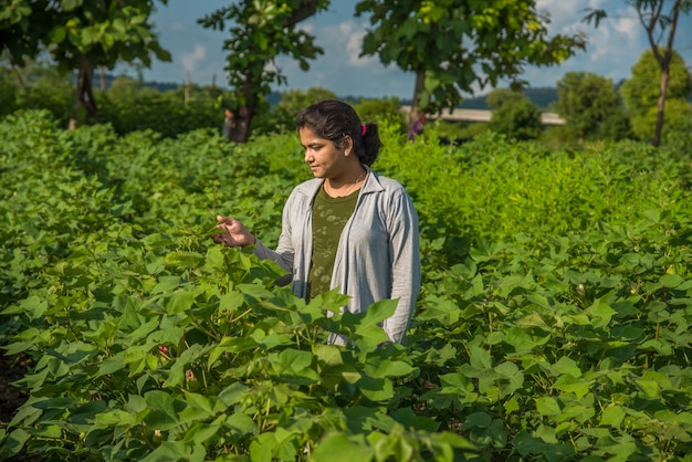 Uma jovem agricultora em um campo de cultivo de algodão.