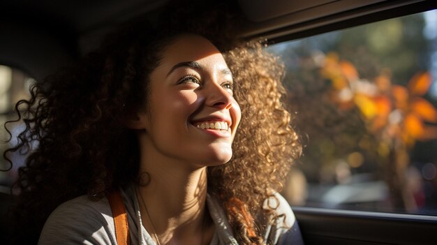 Foto uma jovem alegre a olhar pela janela do carro.