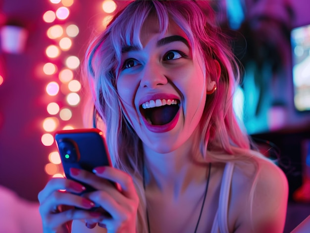 Uma jovem alegre, banhada em vibrantes luzes de néon, ri de coração enquanto olha para seu smartphone com um fundo de luzes bokeh festivas criando uma atmosfera de prazer e excitação