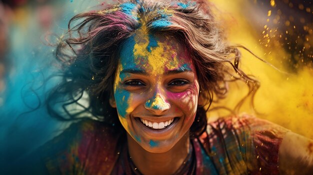 Uma jovem alegre coberta de pó colorido no festival Holi.