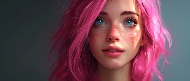 Uma jovem alegre com cabelo rosa, olhos azuis e uma atitude brincalhona.