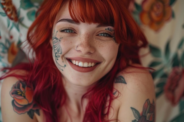 Uma jovem alegre com cabelo vermelho e tatuagens a sorrir felizmente.