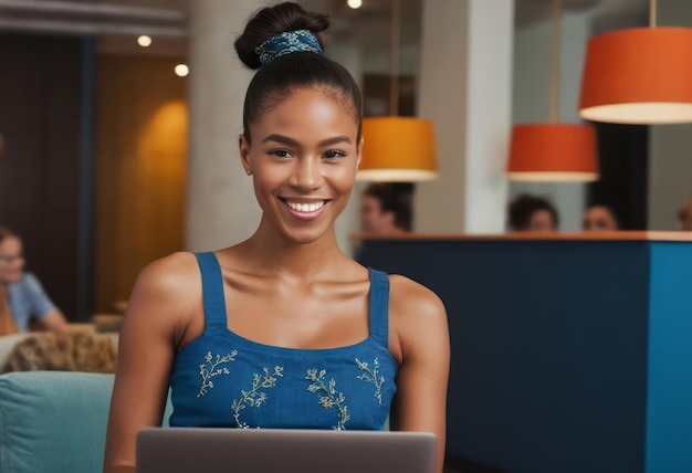 Uma jovem alegre com um top azul usa seu laptop o ambiente de escritório moderno fornece um vibrante