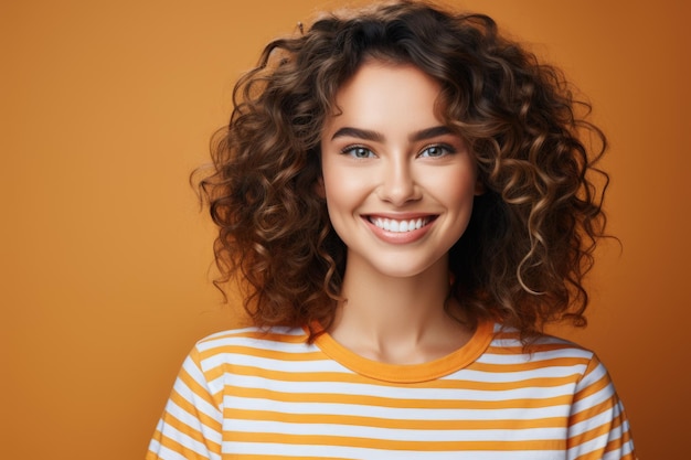 Uma jovem alegre e moderna, com cabelos cacheados e um sorriso brilhante exalando positividade e felicidade em seu traje casual