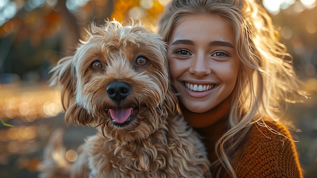 Uma jovem alegre e seu cachorro tirando uma selfie no parque Um momento feliz