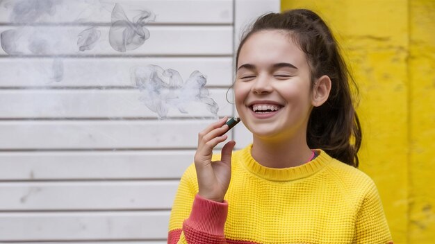 Foto uma jovem alegre em um suéter de cores brilhantes em um fundo branco gosta de um dispositivo eletrônico