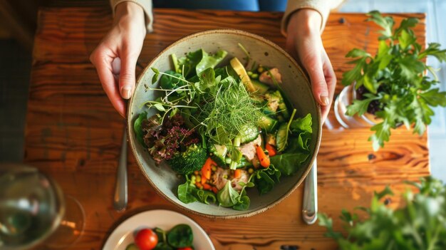 Uma jovem alegre saboreando uma salada nutritiva em meio a ingredientes verdes vibrantes dentro de casa