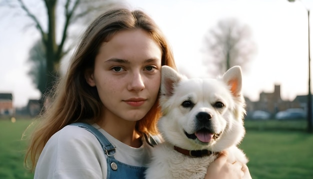 Uma jovem alegre se liga ao seu leal companheiro cão