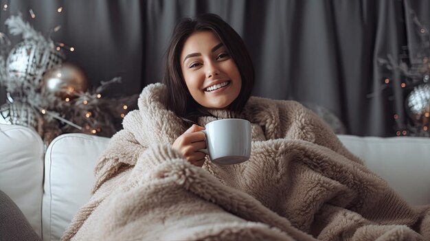 Foto uma jovem alegre tomando café enquanto está sentada debaixo das cobertas no sofá em casa no inverno generative ai