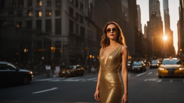 Uma jovem alta e vibrante andando com óculos de sol, vestido com estilo de cabelo perfeito, cidade de Nova York