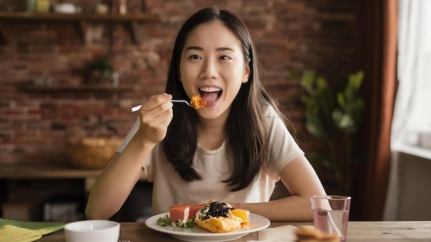 Uma jovem asiática alegre come deliciosamente apetitoso. Um amigo francês tem maus hábitos de comer demais.