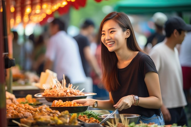 Uma jovem asiática feliz num mercado de comida de rua.