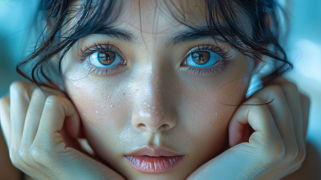 Uma jovem asiática insomne olha para o espelho sem maquiagem tocando sob seus olhos onde círculos escuros inchaços inchados ou rugas aparecem em seu rosto pessoas sonolentas copiando