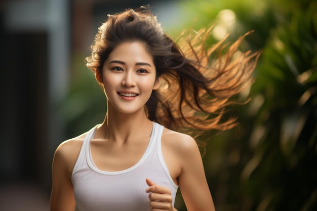 Uma jovem asiática sorridente desfrutando de uma corrida em um parque verde e ensolarado