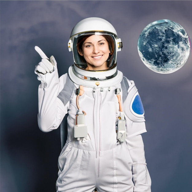 Uma jovem astronauta sorridente.