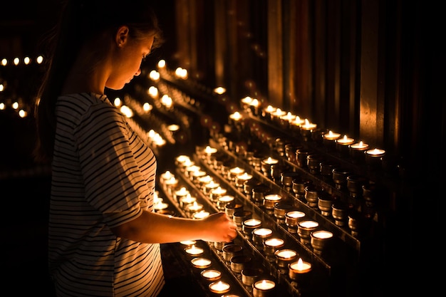 Uma jovem ateia fogo a uma vela na igreja antes da oração