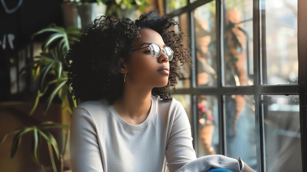 Uma jovem atenciosa olhando pela janela contemplando seu próximo movimento ela está vestindo uma roupa elegante e tem o cabelo em um afro enrolado