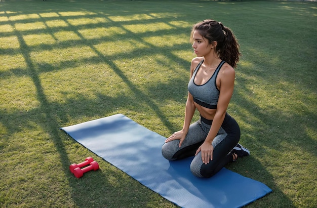 Uma jovem atlética magra em roupas esportivas realiza um conjunto de exercícios generativos ai