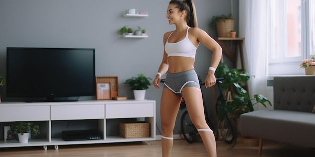 Uma jovem atlética sorridente exercitando as pernas em casa enquanto assiste a um tutorial em vídeo