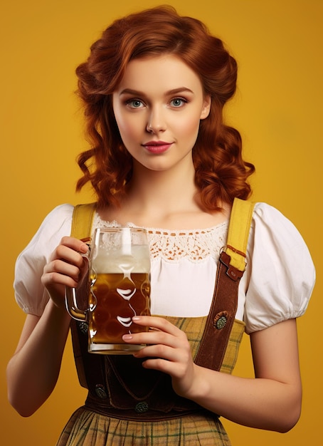 Uma jovem atraente a celebrar a Oktoberfest com cerveja.