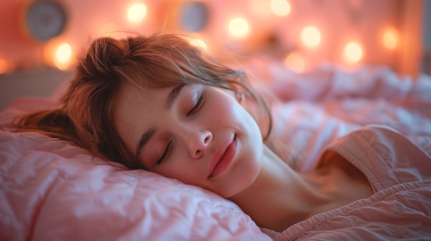 Uma jovem atraente a dormir numa cama branca de manhã.