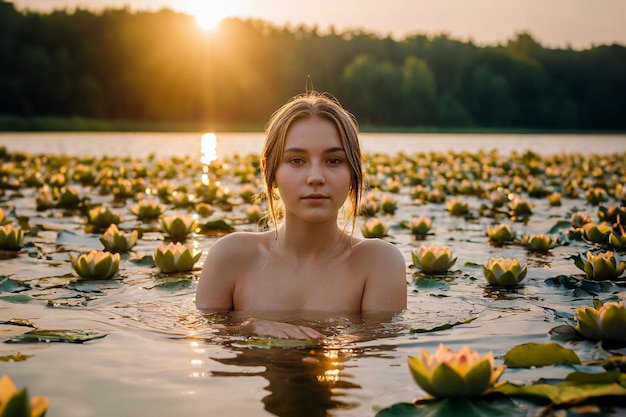 Uma jovem atraente com cabelos longos se banha em um lago