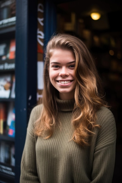 Uma jovem atraente e sorridente do lado de fora de uma livraria criada com IA generativa