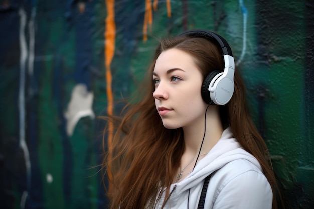 Uma jovem atraente ouvindo música em seus fones de ouvido criados com IA generativa