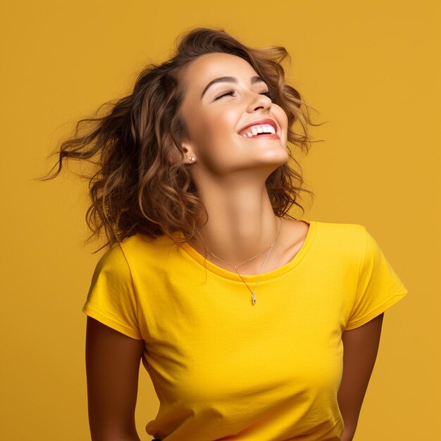 Foto uma jovem atraente sentada no chão isolada em um fundo amarelo em uma foto de perto