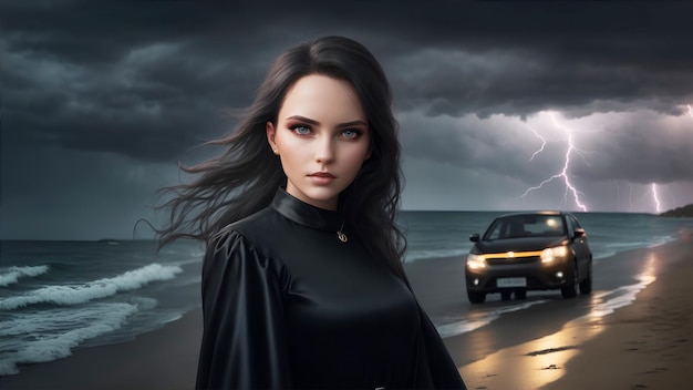Uma jovem atraente vestida de preto na costa do mar perto de um carro ao anoitecer durante uma tempestade