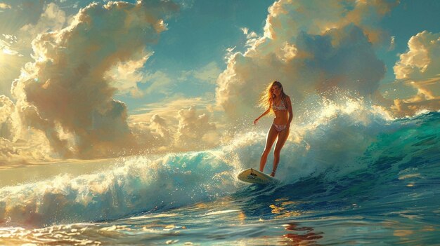Foto uma jovem balança em uma prancha de surf no fundo