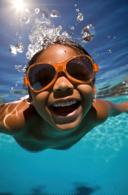 Foto uma jovem bela nada na piscina com óculos de sol polarizadores.