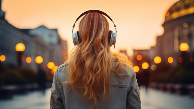 Uma jovem bonita a desfrutar de música com fones de ouvido ao ar livre e a divertir-se no meio da natureza.