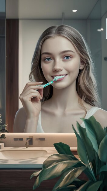 Uma jovem bonita a escovar os dentes na casa de banho.