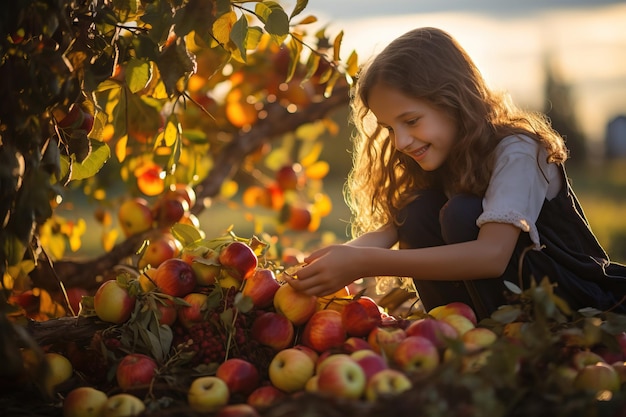 Uma jovem bonita colhe frutas na fazenda de outono