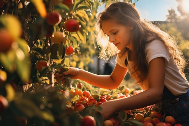 Uma jovem bonita colhe frutas na fazenda de outono
