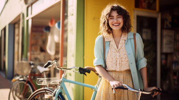 Foto uma jovem bonita com cabelos encaracolados está de pé nas ruas e sorrindo