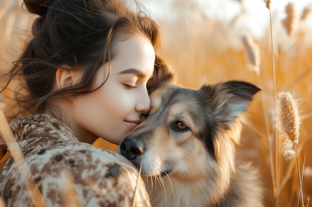 Uma jovem bonita com o seu grande cão num lindo prado a brincar juntos