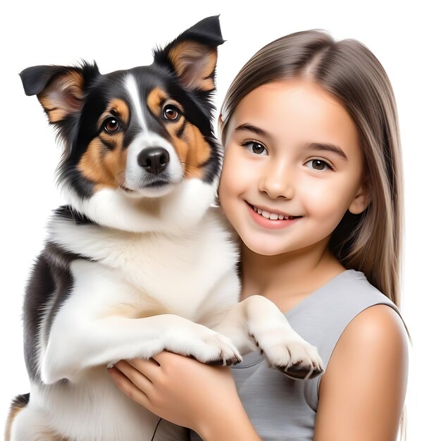 Foto uma jovem bonita com um cão bonito isolado em fundo branco