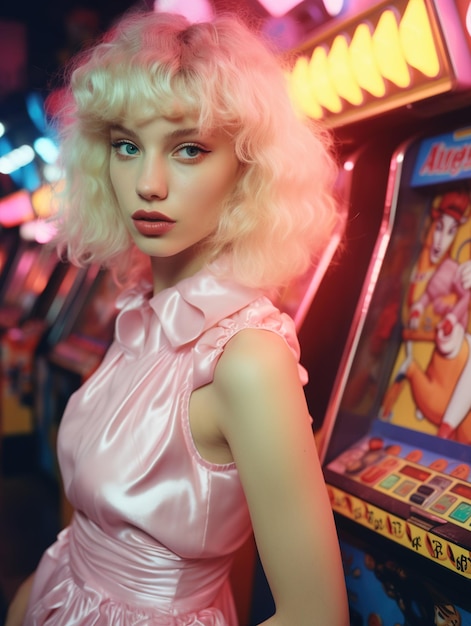 Uma jovem bonita de estilo pinup com cabelos ondulados está posando apoiada em uma máquina de videogame de arcade