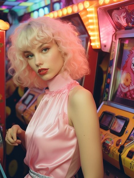 Uma jovem bonita de estilo pinup com cabelos ondulados está posando apoiada em uma máquina de videogame de arcade.