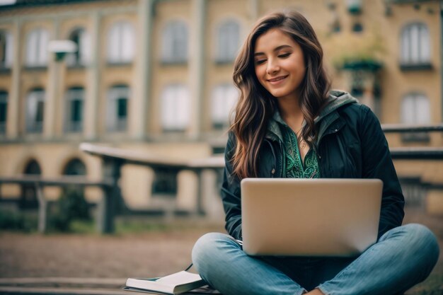 Uma jovem bonita deitada no banco e trabalhando em um laptop ao ar livre