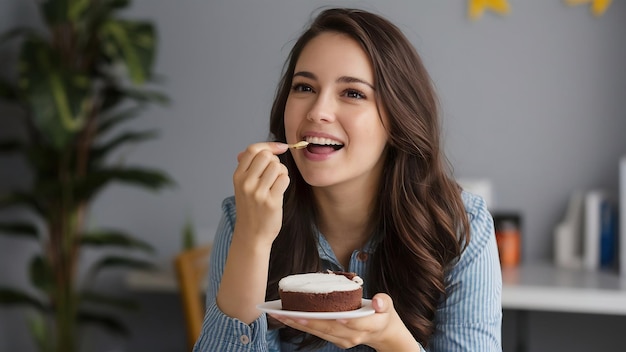 Uma jovem bonita e adorável sentada a comer bolos com o dedo.
