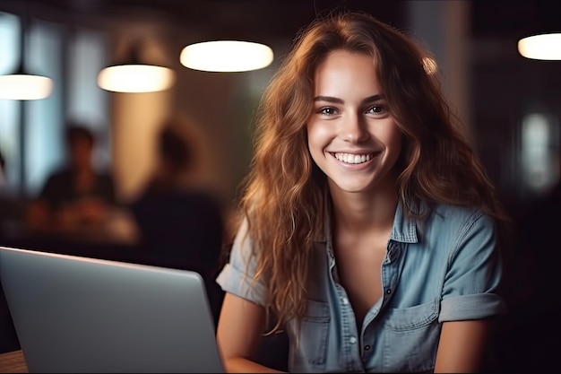 Uma jovem bonita e alegre sorrindo enquanto trabalha com laptop no escritório Generative Ai