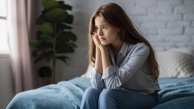 Uma jovem bonita e chateada com longos cabelos castanhos sentada na cama com um olhar pensativo relutante em