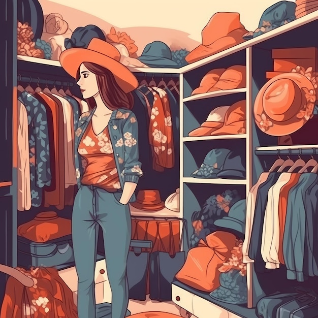 Uma jovem bonita escolhe alegremente suas roupas IA geradora de imagens gráficas