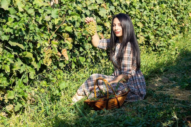 Uma jovem bonita na vinha, uma mulher na natureza.