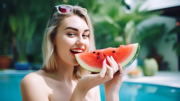 Uma jovem bonita se divertindo e comendo melancia na piscina em um dia quente de verão Generative AI