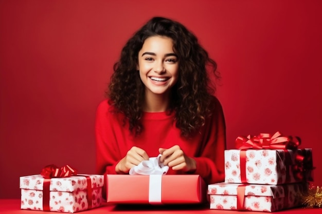 Uma jovem bonita senta-se em frente a uma pilha de presentes de Natal e Ano Novo para o feriado