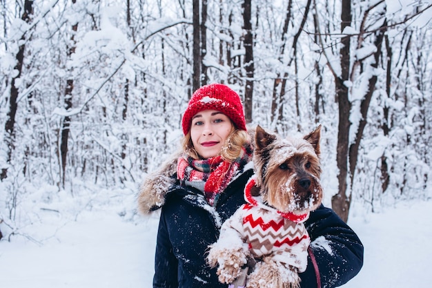 Uma jovem caminha na floresta inferior no inverno com um cachorro vestindo um suéter de natal
